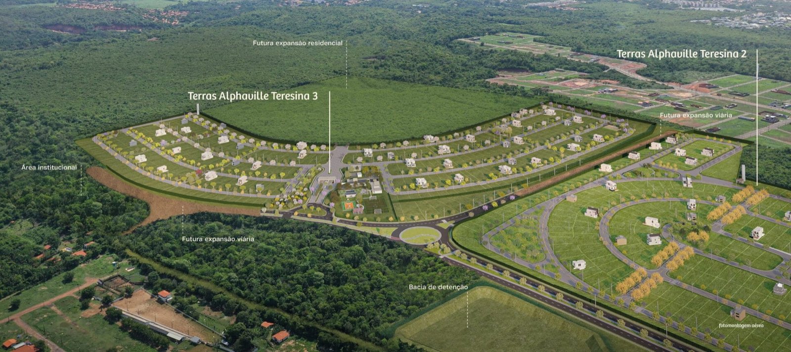 Vista aérea do Terras Alphaville Teresina 3 com a área de futura expansão